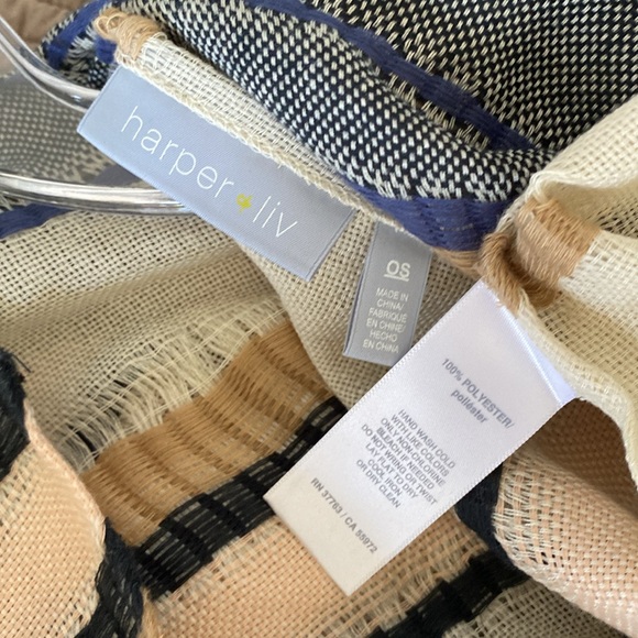 HAPER & LIV open weave stripe open front poncho wrap shawl scarf blue tan beige - Picture 2 of 4